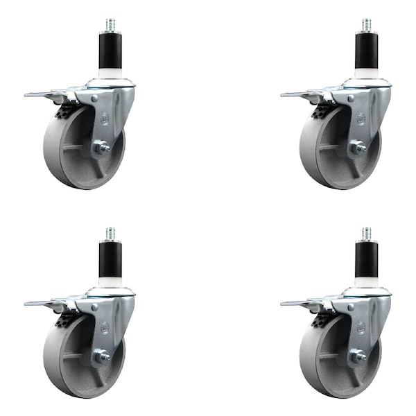 4'' Semi Steel Swivel 1-3/8'' Expanding Stem Caster Set Total Lock Brake, 4PK